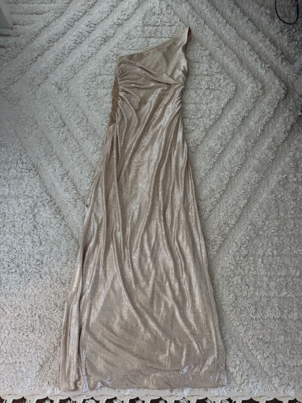 Calvin Klein One-Shoulder Metallic Champagne Maxi Dress